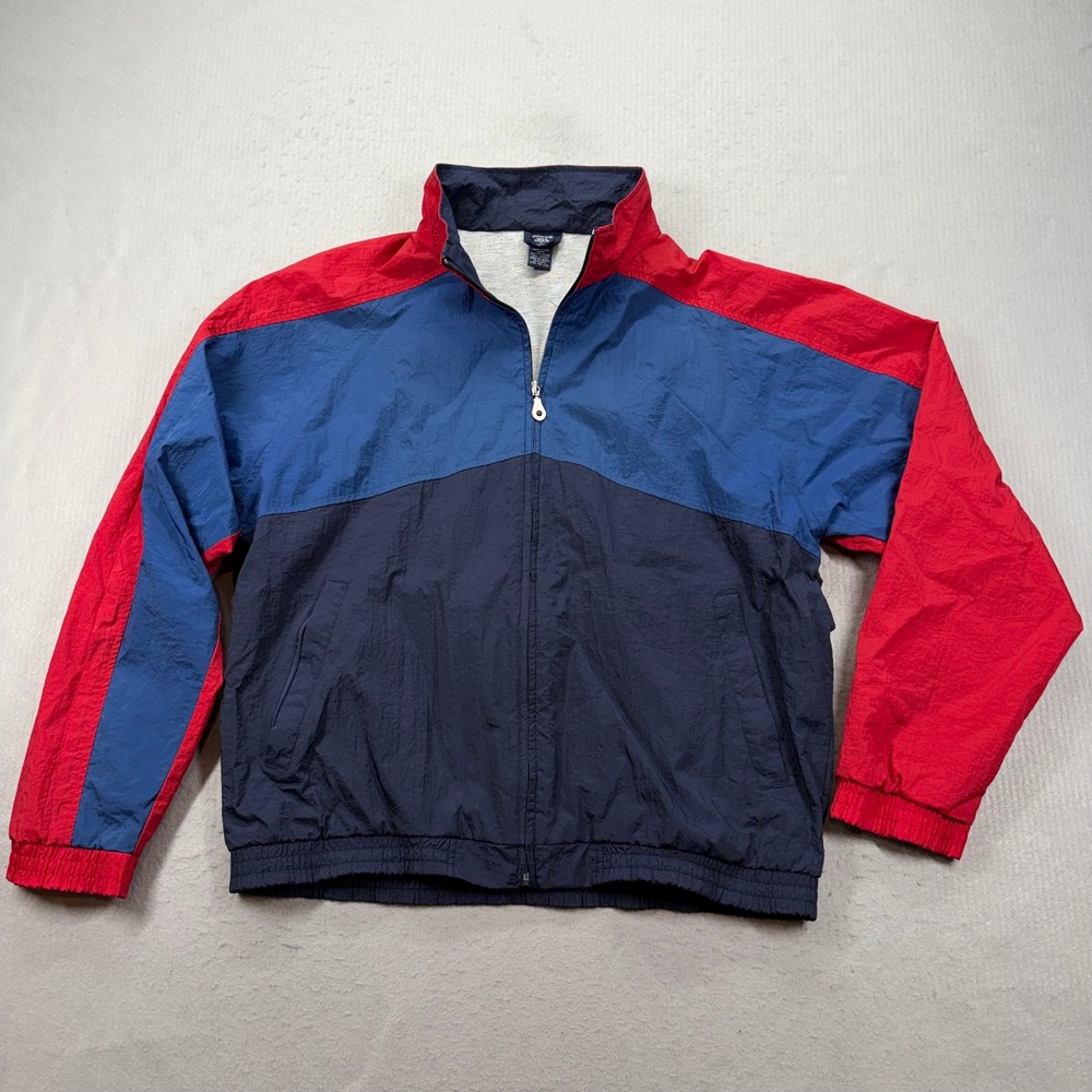 Lands End Jacket Mens L Red Blue Colorblock Full Zip Nylon Windbreaker